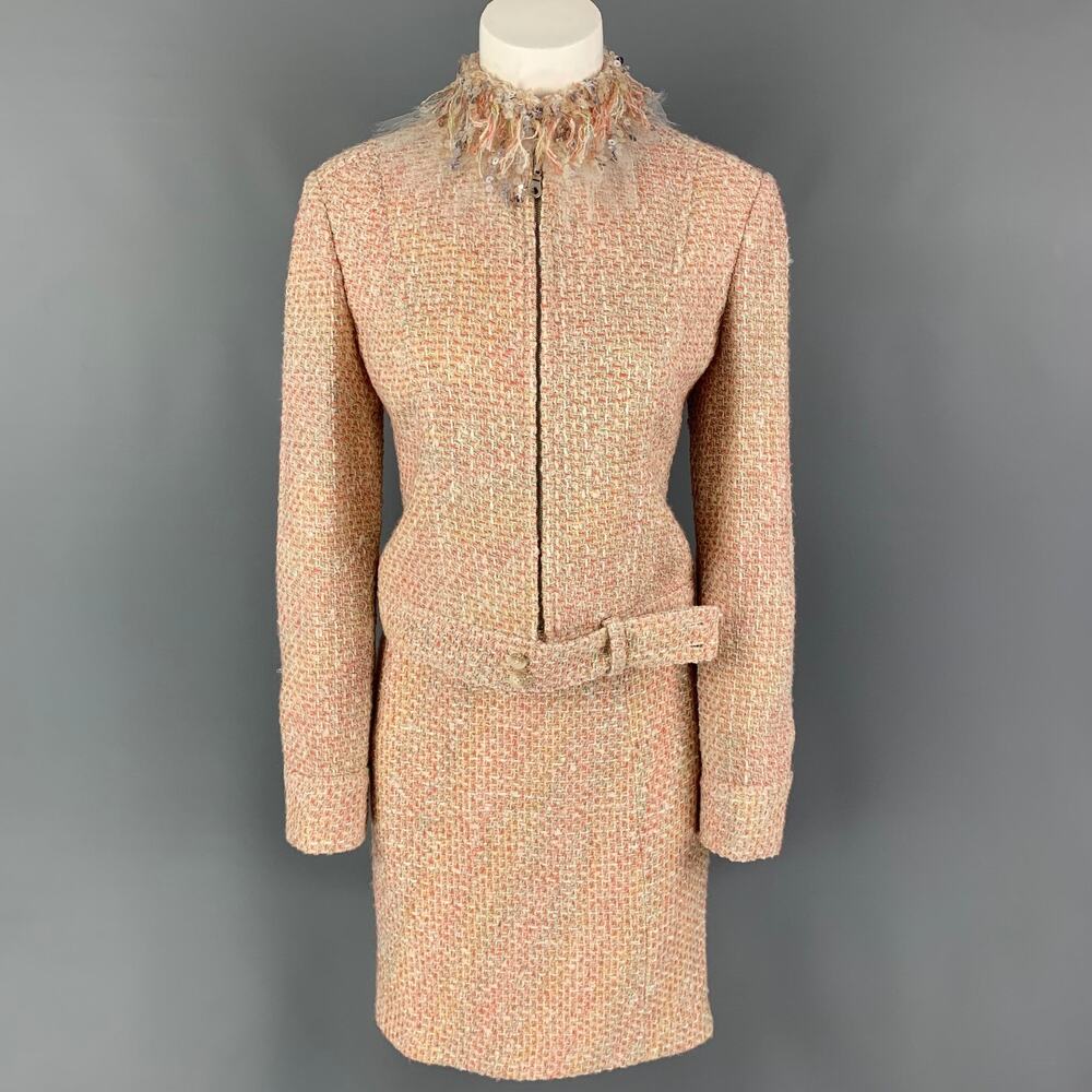 MONIQUE LHUILLIER Size 6 Beige Salmon Viscose Blend Tweed Zip Up Skirt Set